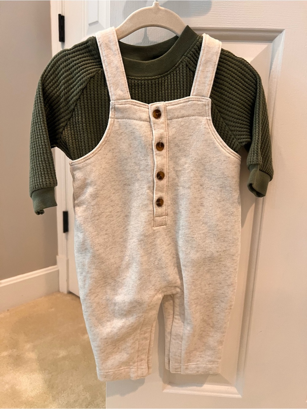 Old Navy Cream Button-Front Kids Overalls with Olive Top